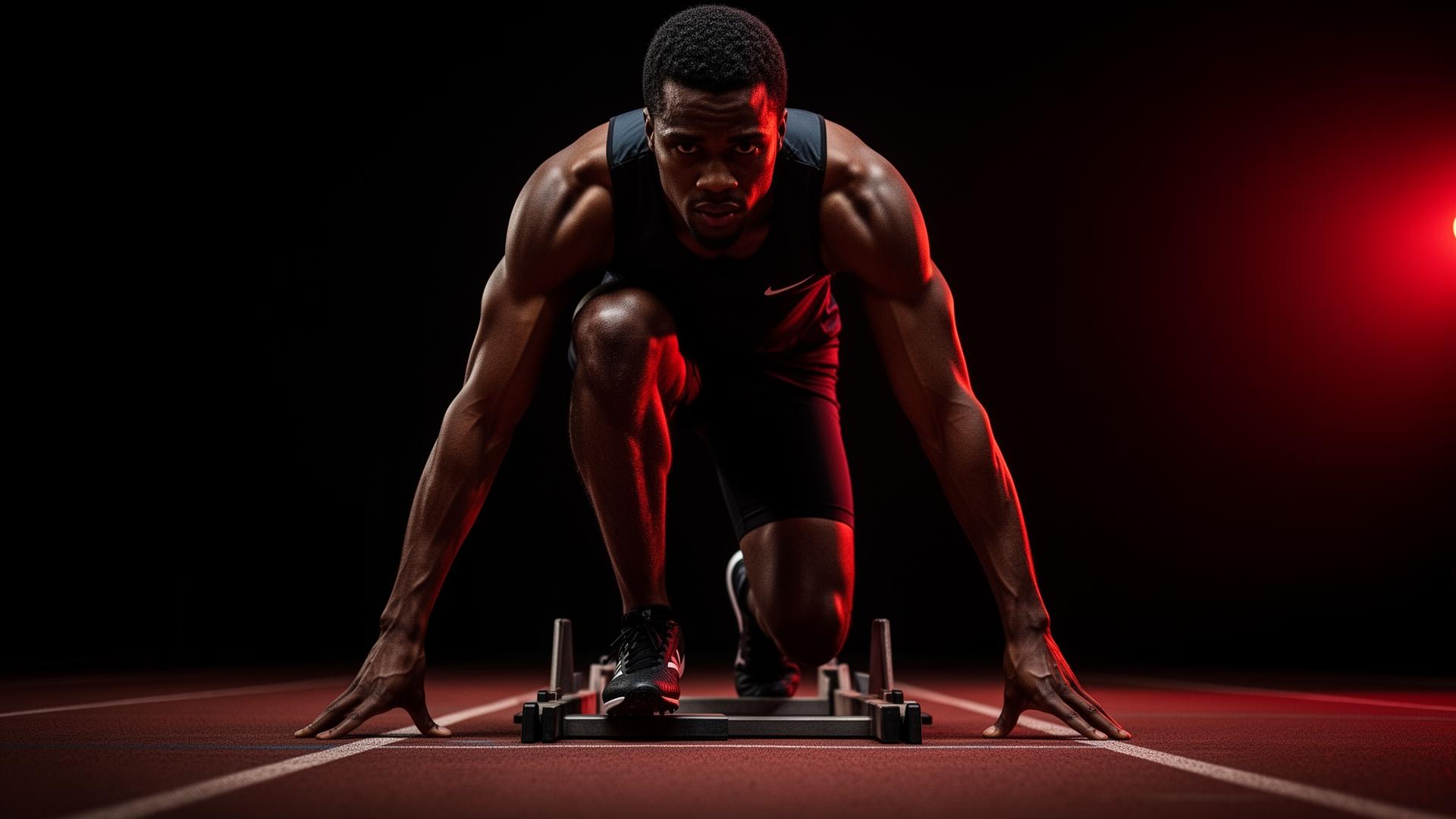 Elite sprinter exploding from the starting blocks